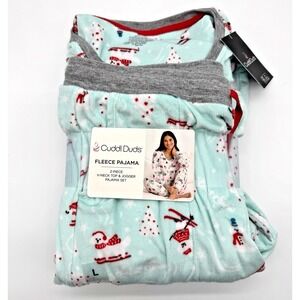 Cuddl Duds Crystal Fleece V-Neck Pajama Set White Dogs Skiing Teal Red Women's L